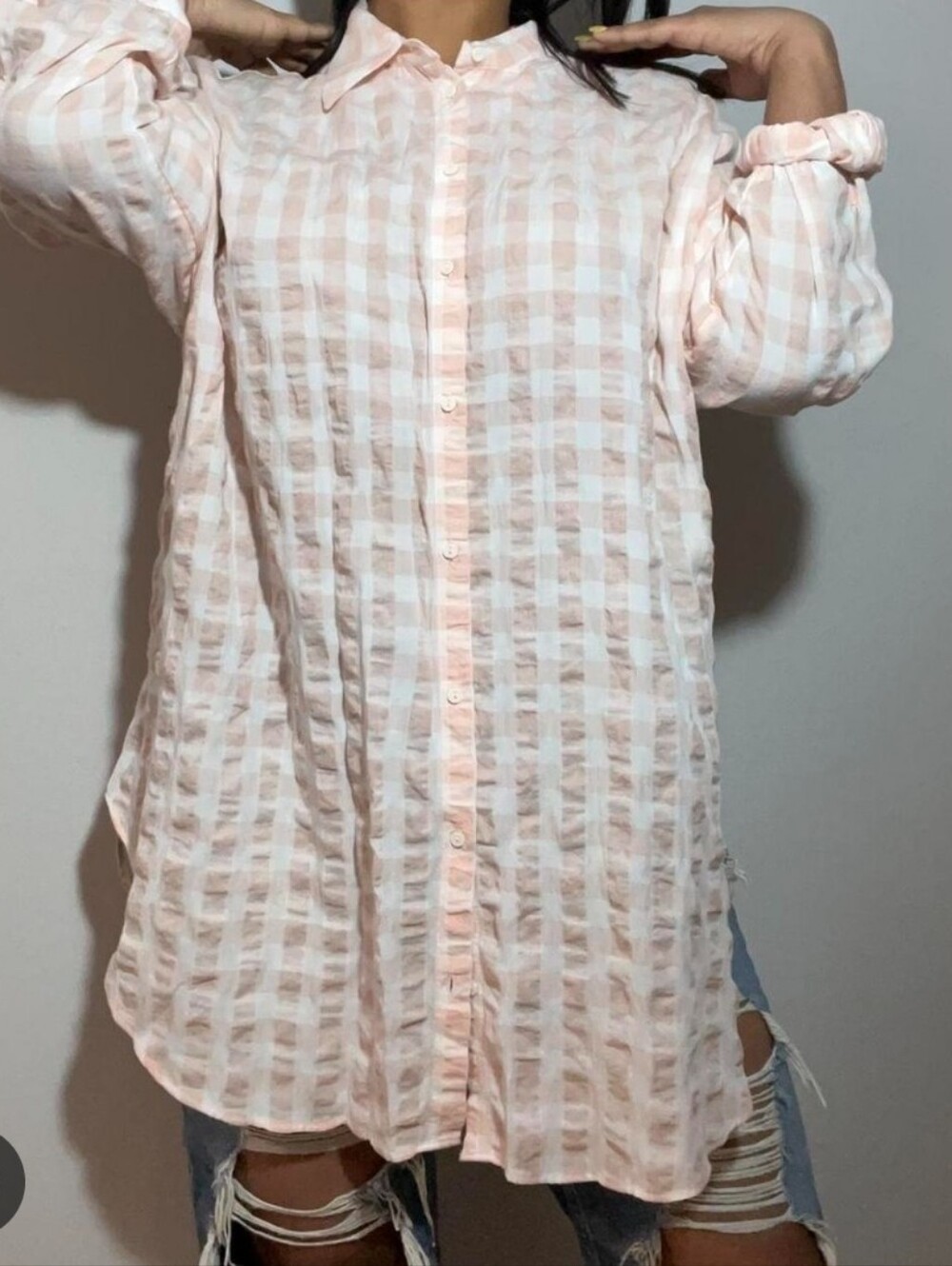 Zara - Smocked Checkered Button Up - Size Small